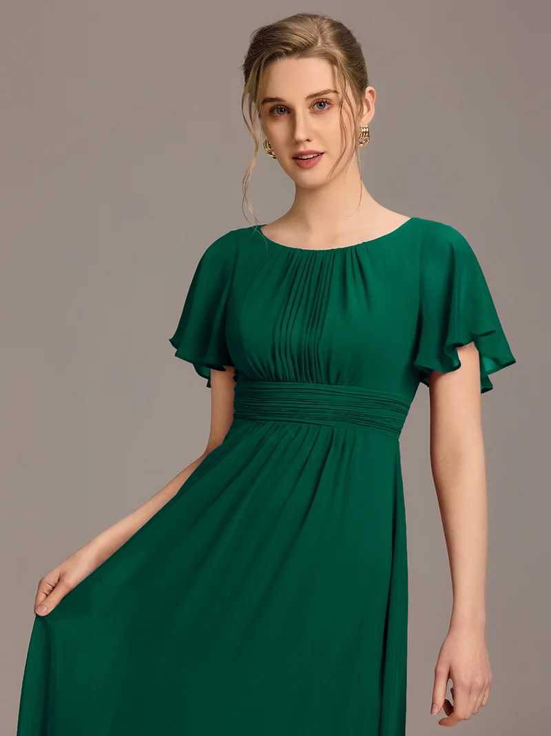 Robe de demoiselle d'honneur trapèze plissée en mousseline de soie simple, encolure ronde