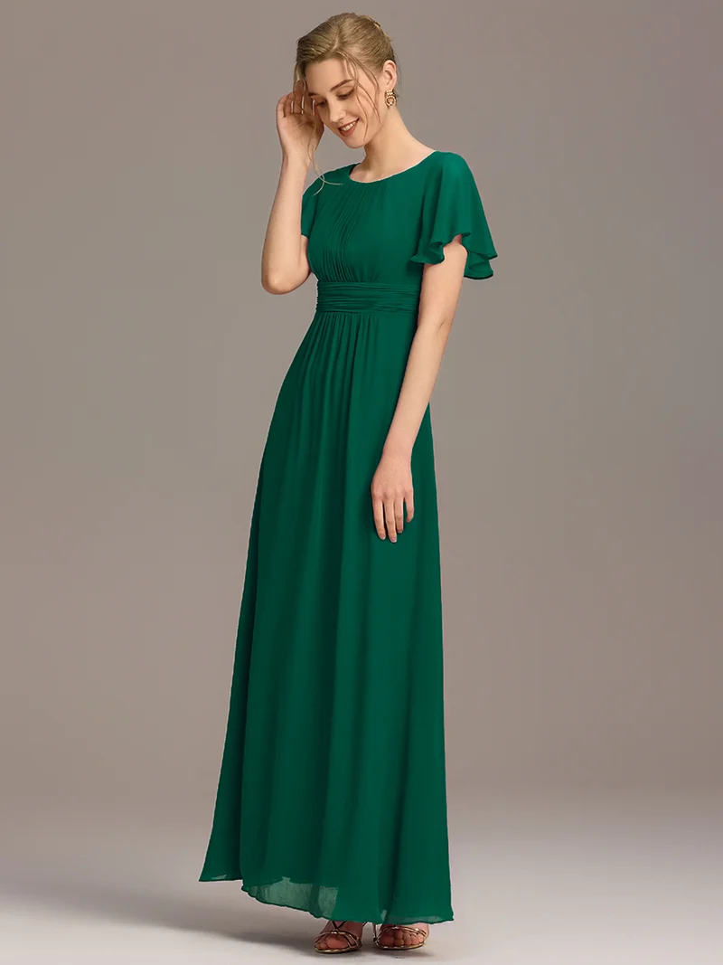 Robe de demoiselle d'honneur trapèze plissée en mousseline de soie simple, encolure ronde