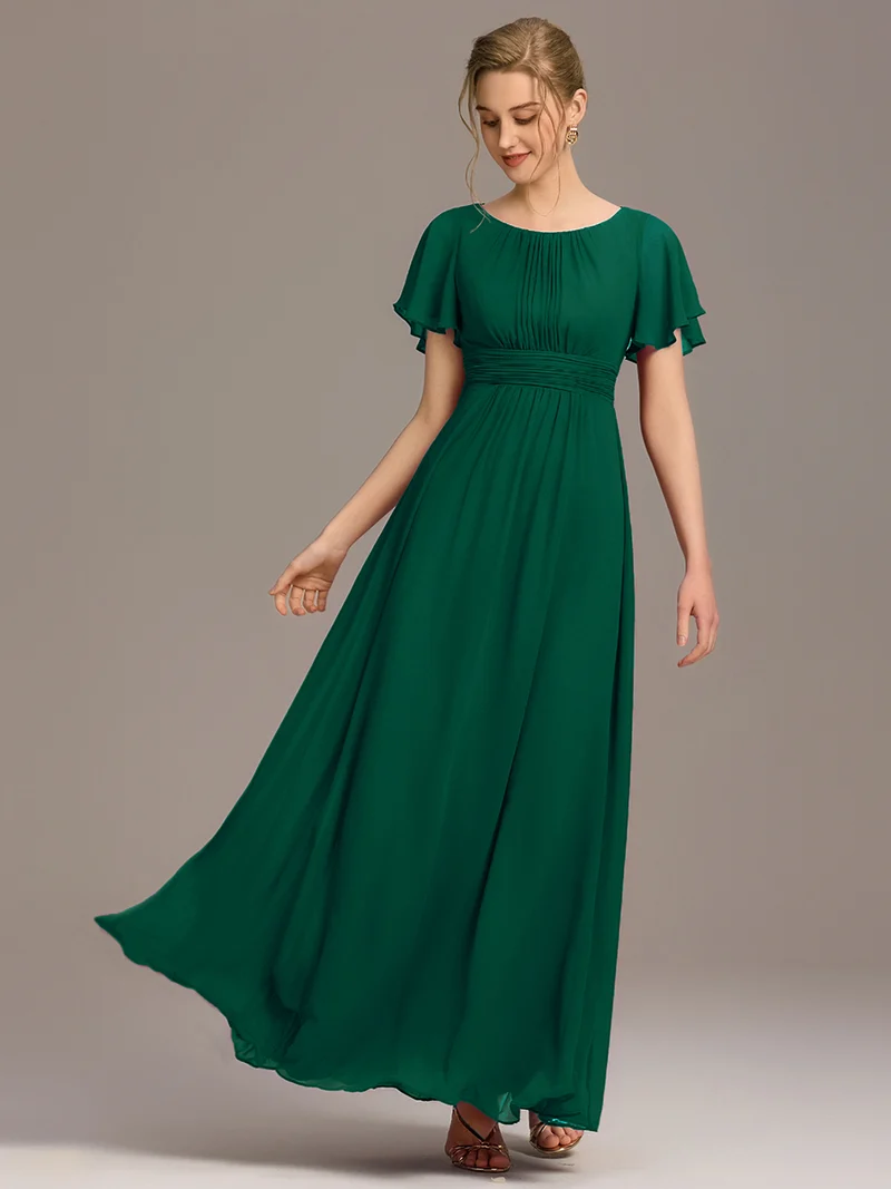 Robe de demoiselle d'honneur trapèze plissée en mousseline de soie simple, encolure ronde