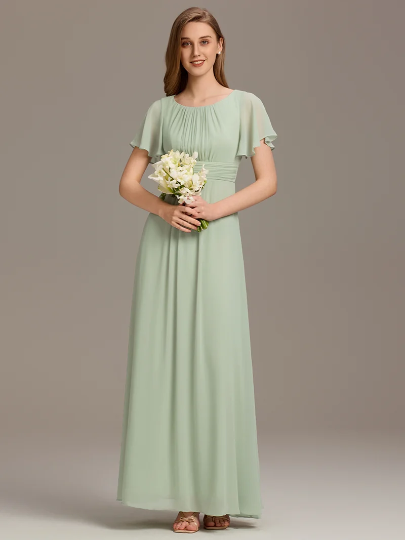 Robe de demoiselle d'honneur trapèze plissée en mousseline de soie simple, encolure ronde
