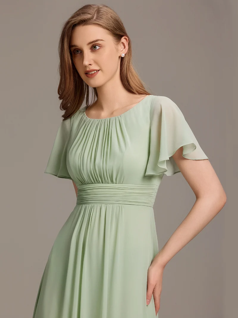 Robe de demoiselle d'honneur trapèze plissée en mousseline de soie simple, encolure ronde
