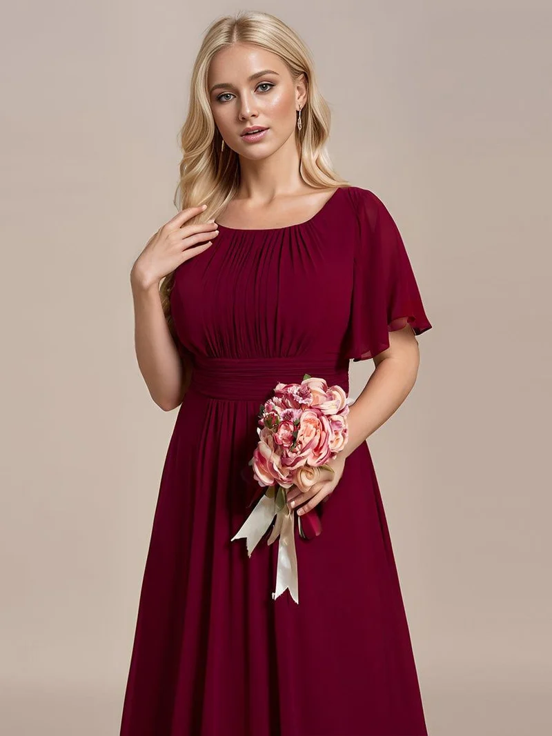 Robe de demoiselle d'honneur trapèze plissée en mousseline de soie simple, encolure ronde