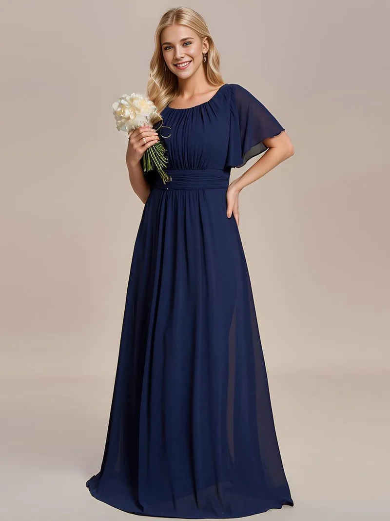 Robe de demoiselle d'honneur trapèze plissée en mousseline de soie simple, encolure ronde