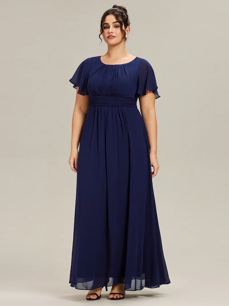 Robe de demoiselle d'honneur trapèze plissée en mousseline de soie simple, encolure ronde