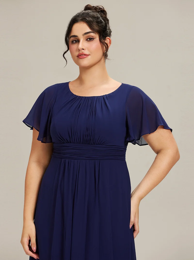 Robe de demoiselle d'honneur trapèze plissée en mousseline de soie simple, encolure ronde