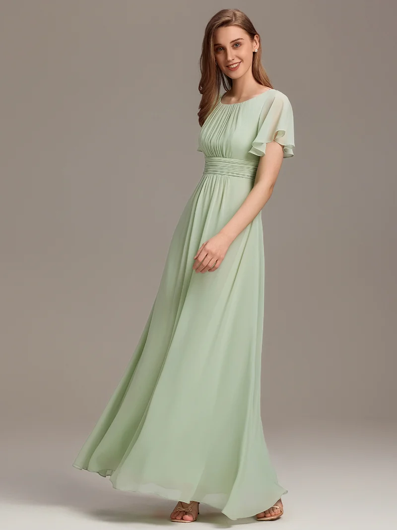 Robe de demoiselle d'honneur trapèze plissée en mousseline de soie simple, encolure ronde