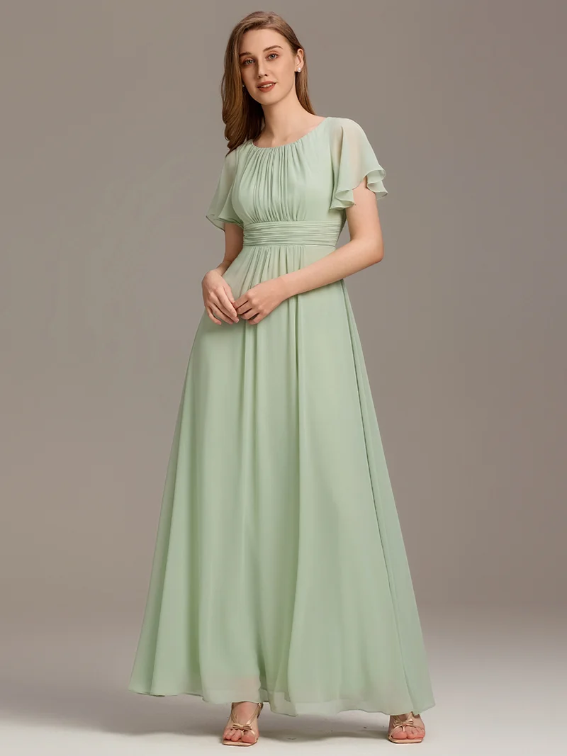 Robe de demoiselle d'honneur trapèze plissée en mousseline de soie simple, encolure ronde