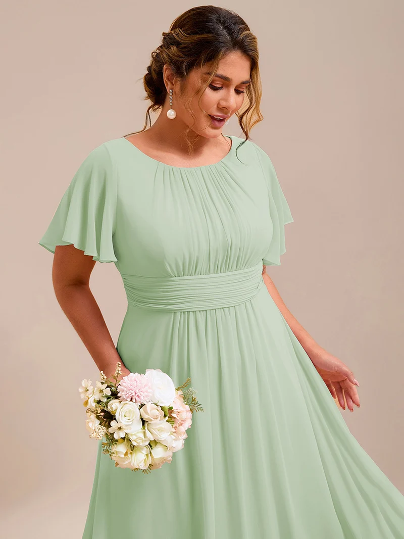 Robe de demoiselle d'honneur trapèze plissée en mousseline de soie simple, encolure ronde