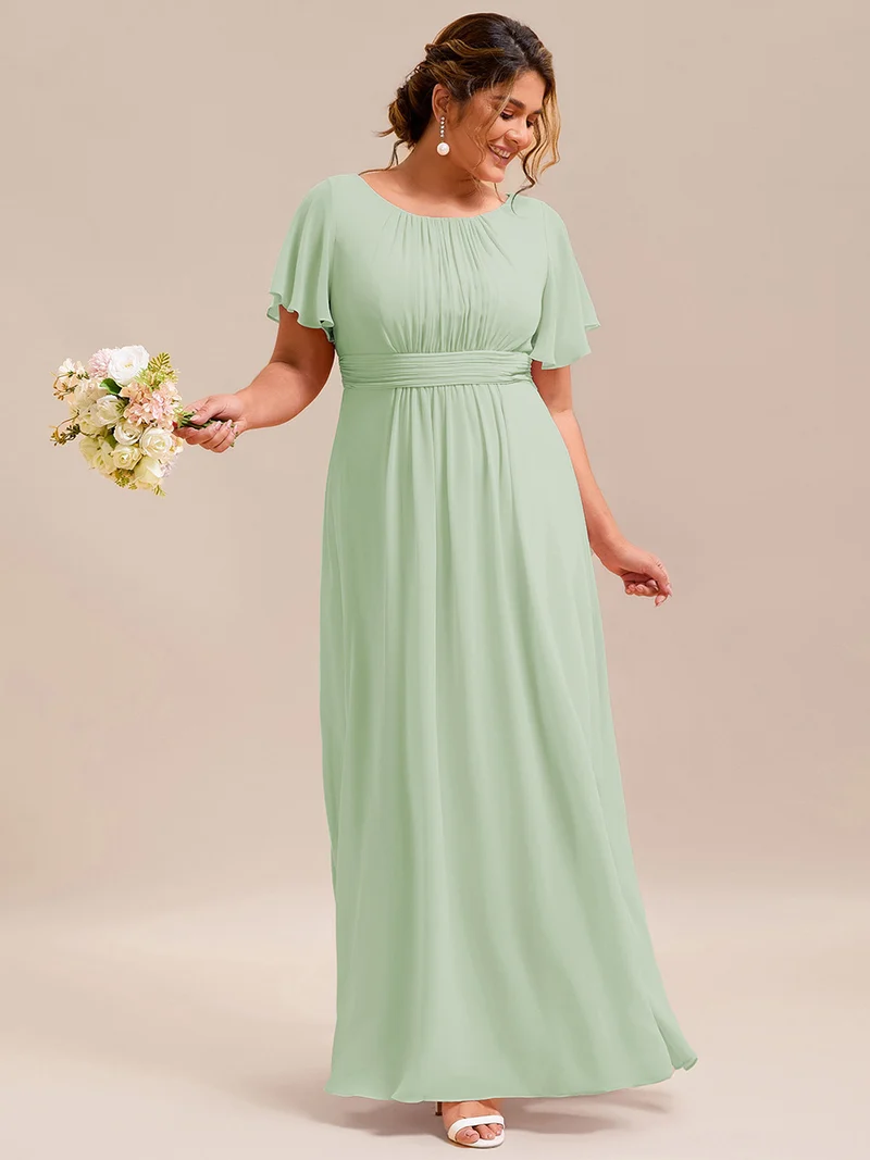 Robe de demoiselle d'honneur trapèze plissée en mousseline de soie simple, encolure ronde