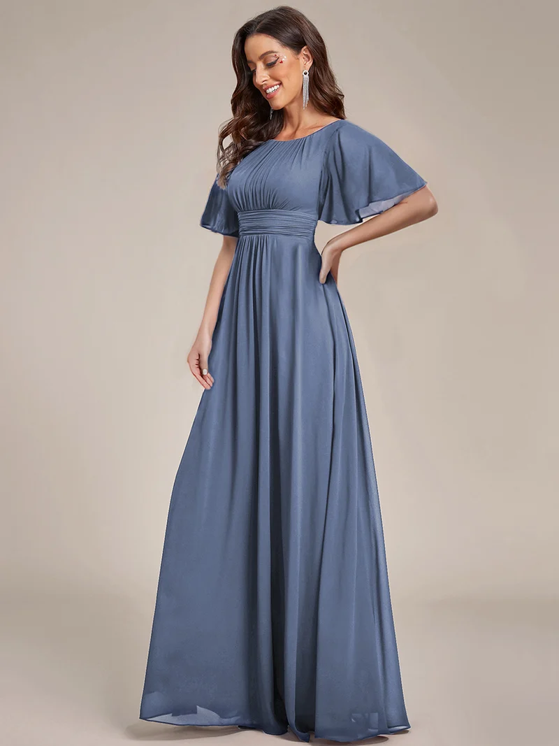 Robe de demoiselle d'honneur trapèze plissée en mousseline de soie simple, encolure ronde