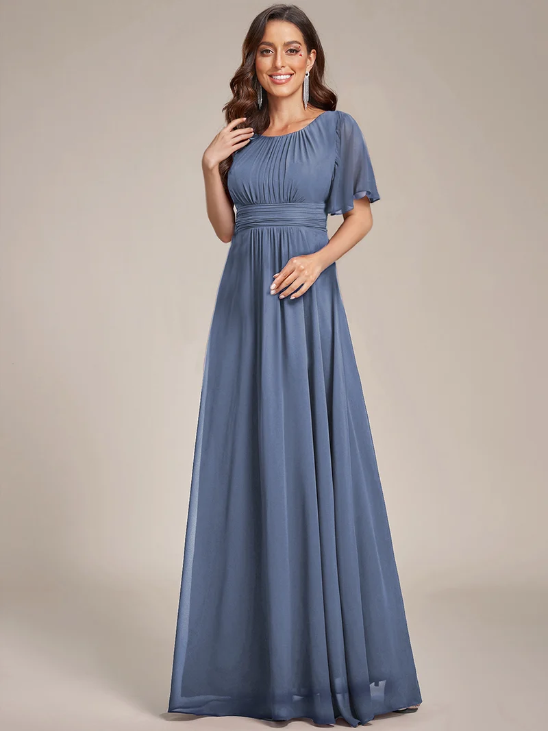 Robe de demoiselle d'honneur trapèze plissée en mousseline de soie simple, encolure ronde