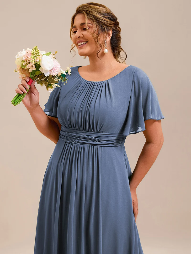 Robe de demoiselle d'honneur trapèze plissée en mousseline de soie simple, encolure ronde