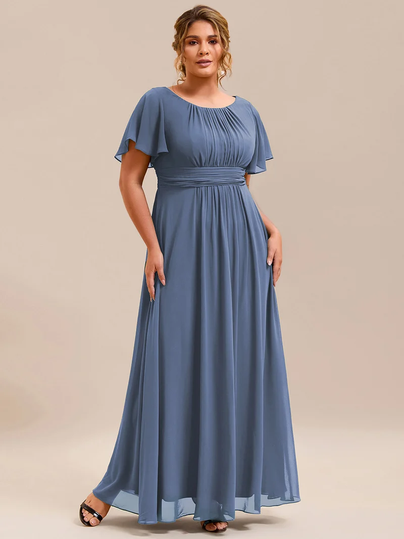Robe de demoiselle d'honneur trapèze plissée en mousseline de soie simple, encolure ronde