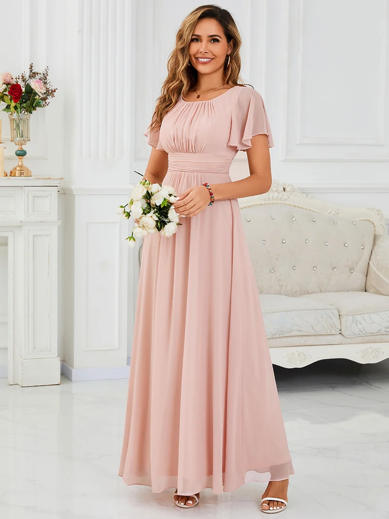 Robe de demoiselle d'honneur trapèze plissée en mousseline de soie simple, encolure ronde