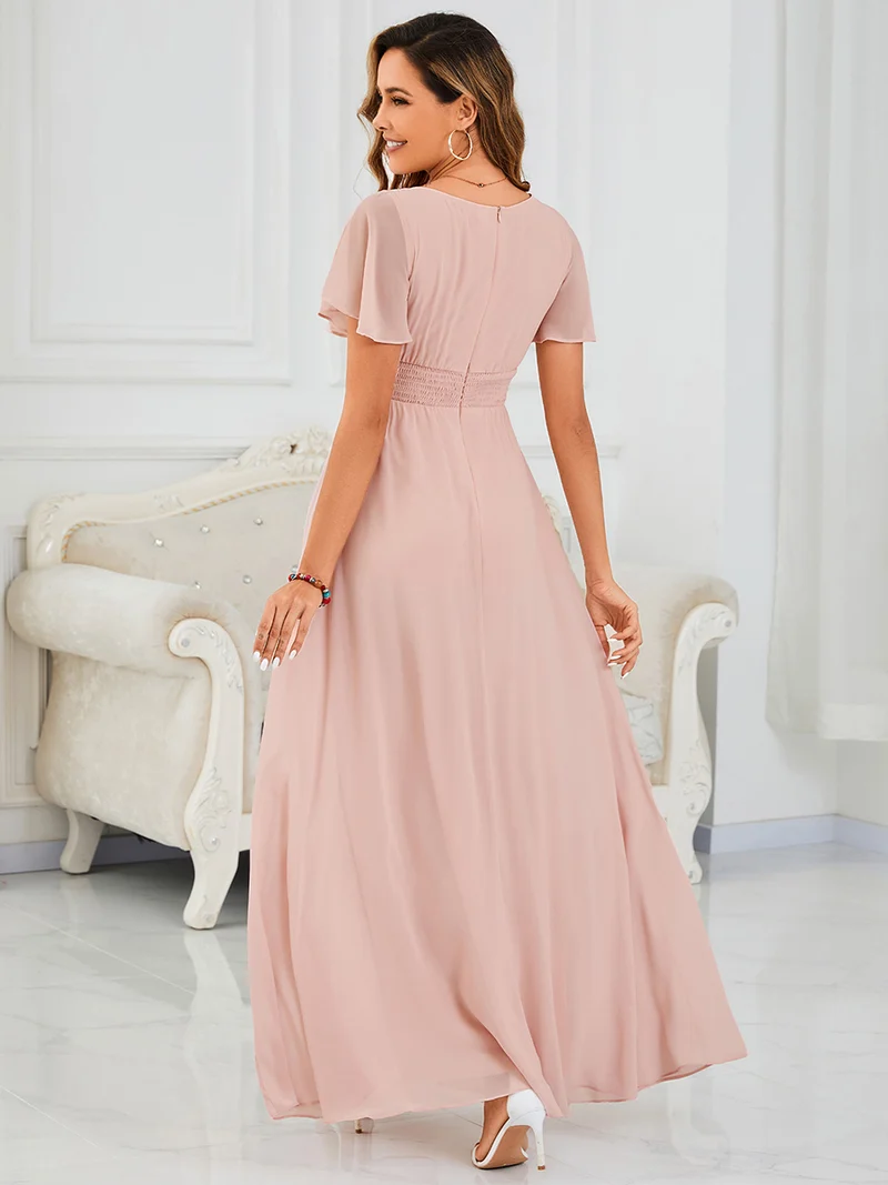 Robe de demoiselle d'honneur trapèze plissée en mousseline de soie simple, encolure ronde
