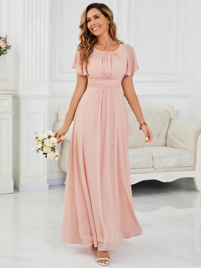 Robe de demoiselle d'honneur trapèze plissée en mousseline de soie simple, encolure ronde