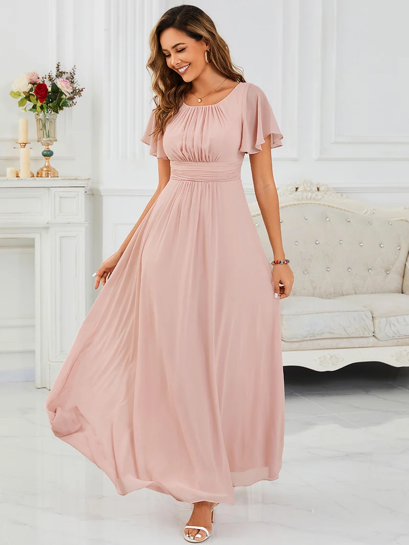 Robe de demoiselle d'honneur trapèze plissée en mousseline de soie simple, encolure ronde
