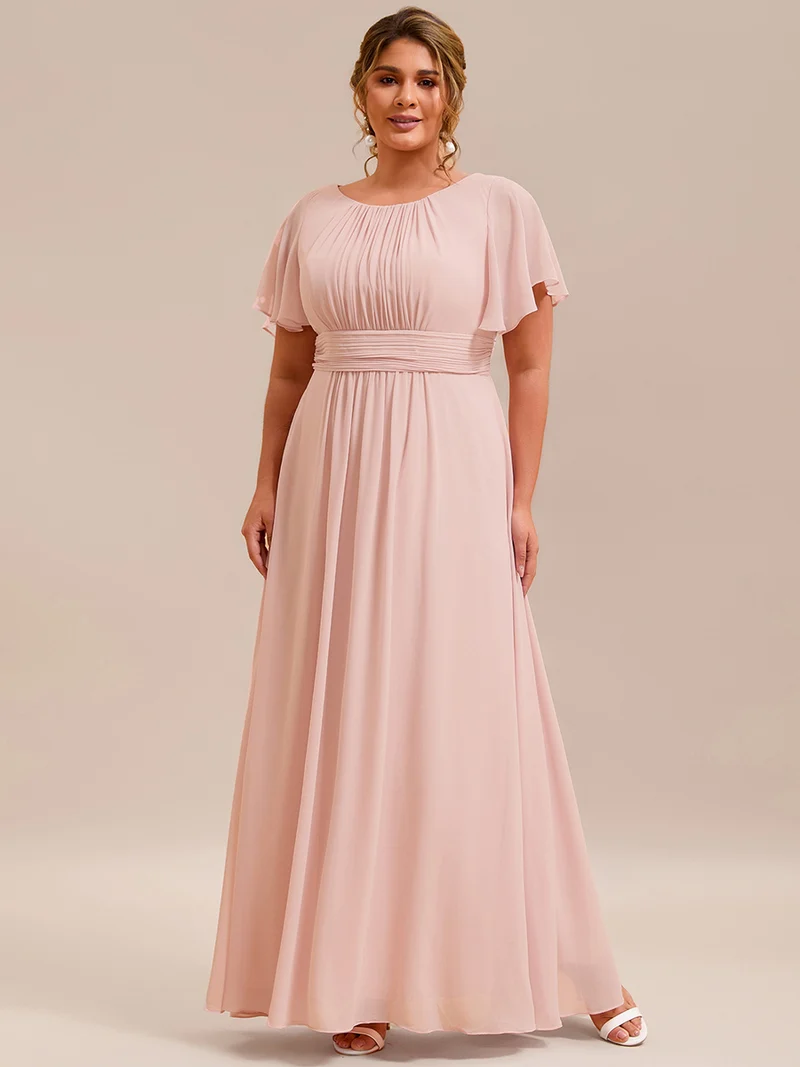 Robe de demoiselle d'honneur trapèze plissée en mousseline de soie simple, encolure ronde