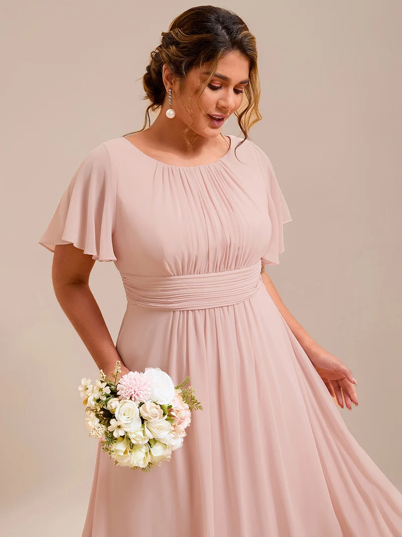 Robe de demoiselle d'honneur trapèze plissée en mousseline de soie simple, encolure ronde