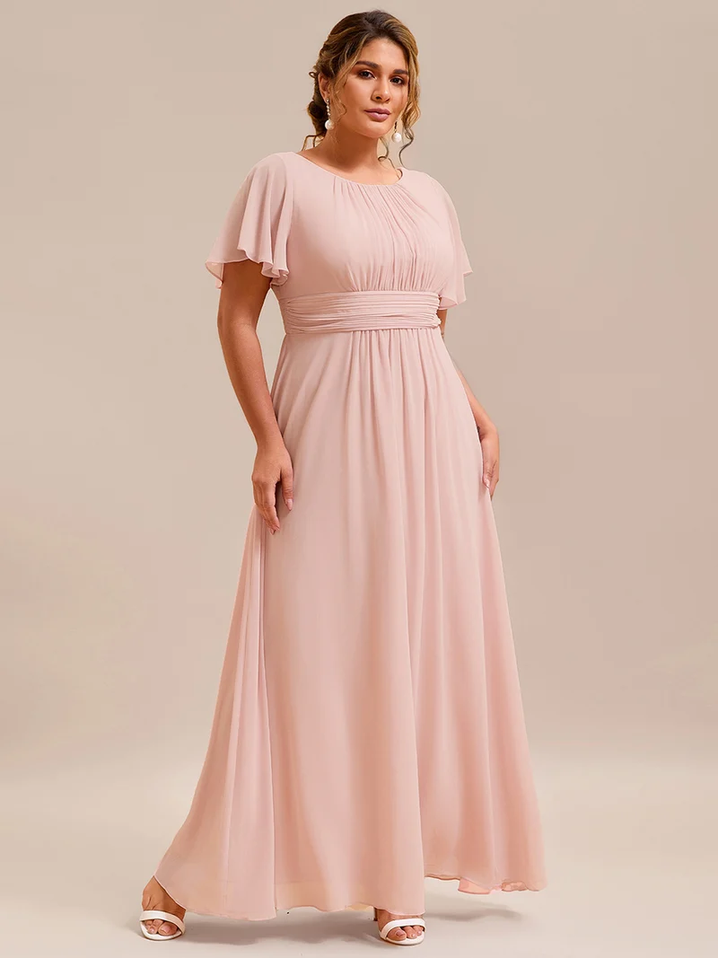 Robe de demoiselle d'honneur trapèze plissée en mousseline de soie simple, encolure ronde