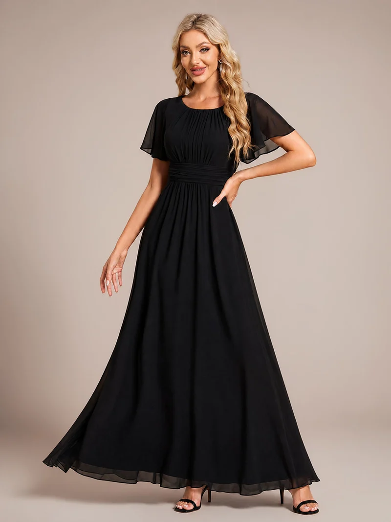 Robe de demoiselle d'honneur trapèze plissée en mousseline de soie simple, encolure ronde