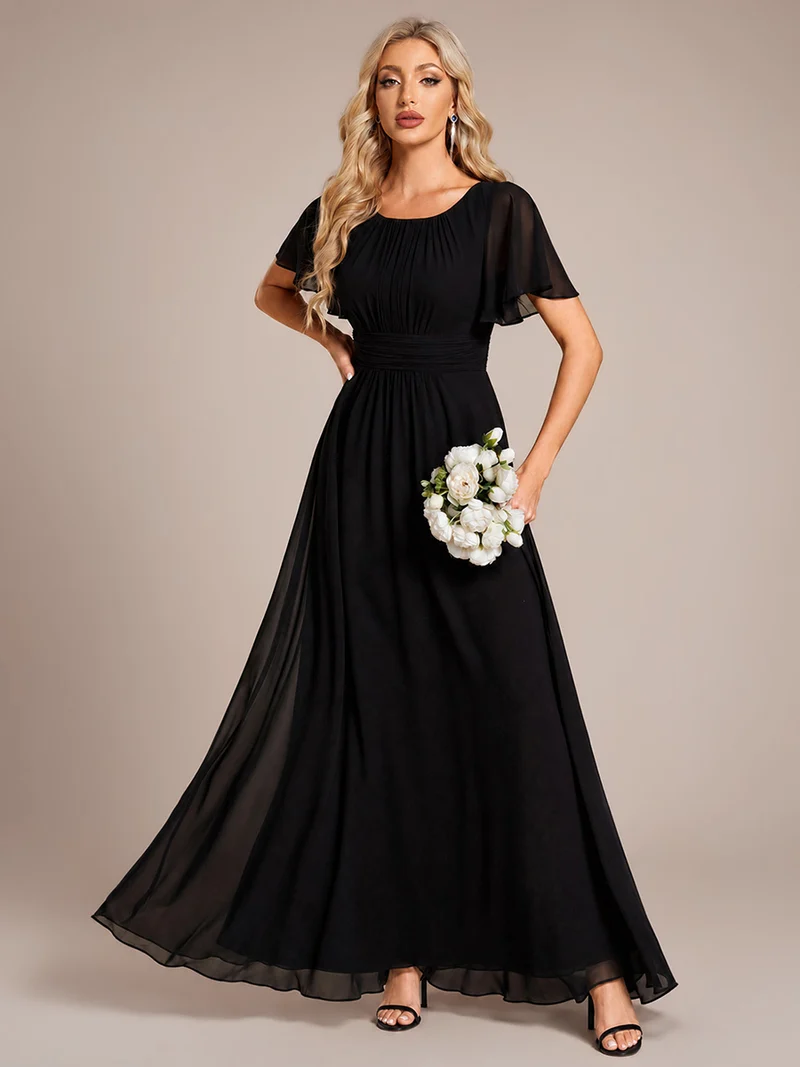 Robe de demoiselle d'honneur trapèze plissée en mousseline de soie simple, encolure ronde