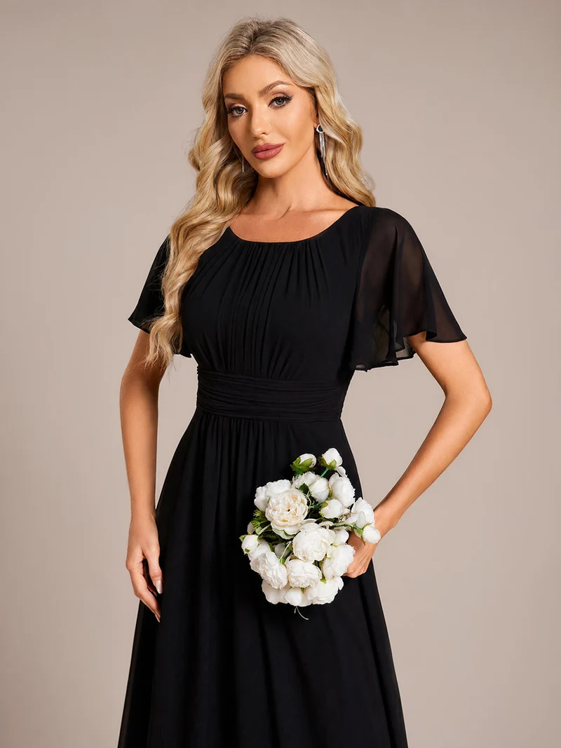 Robe de demoiselle d'honneur trapèze plissée en mousseline de soie simple, encolure ronde