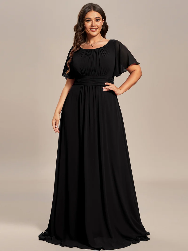Robe de demoiselle d'honneur trapèze plissée en mousseline de soie simple, encolure ronde