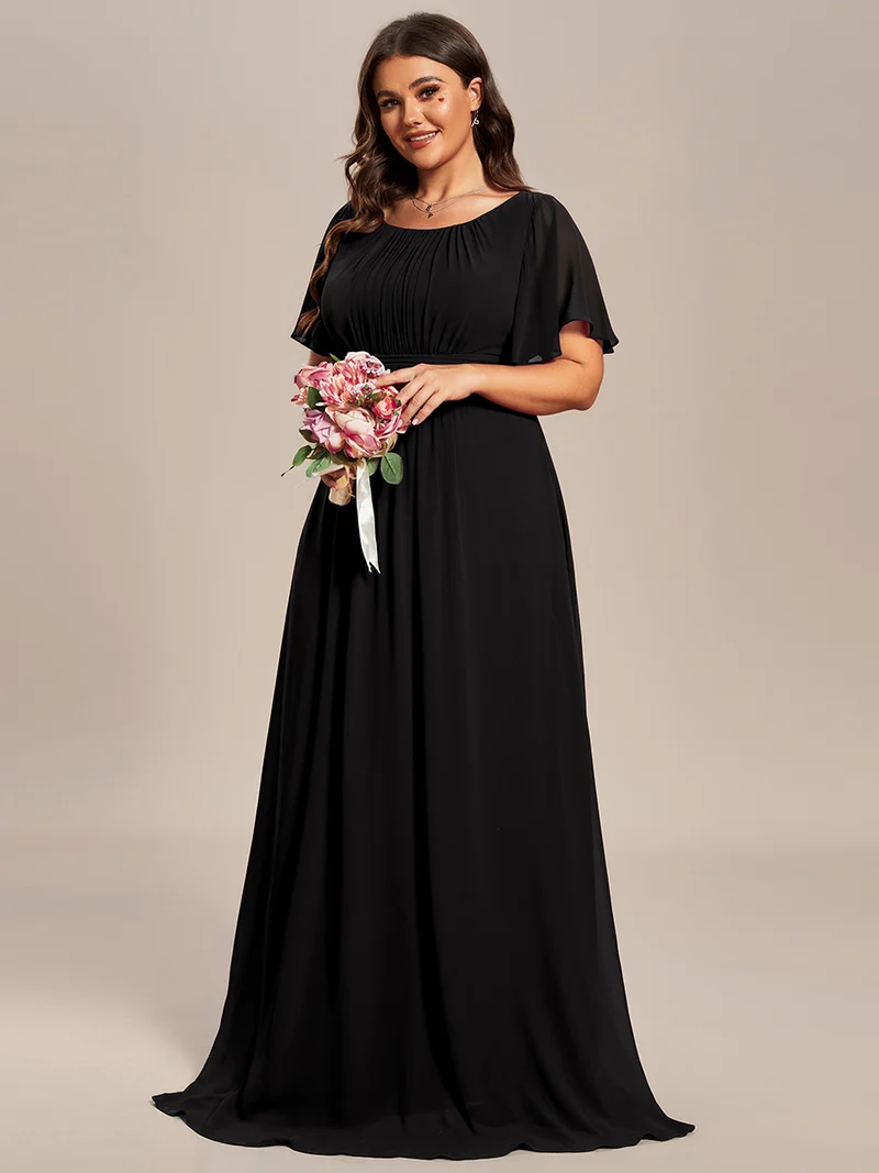Robe de demoiselle d'honneur trapèze plissée en mousseline de soie simple, encolure ronde