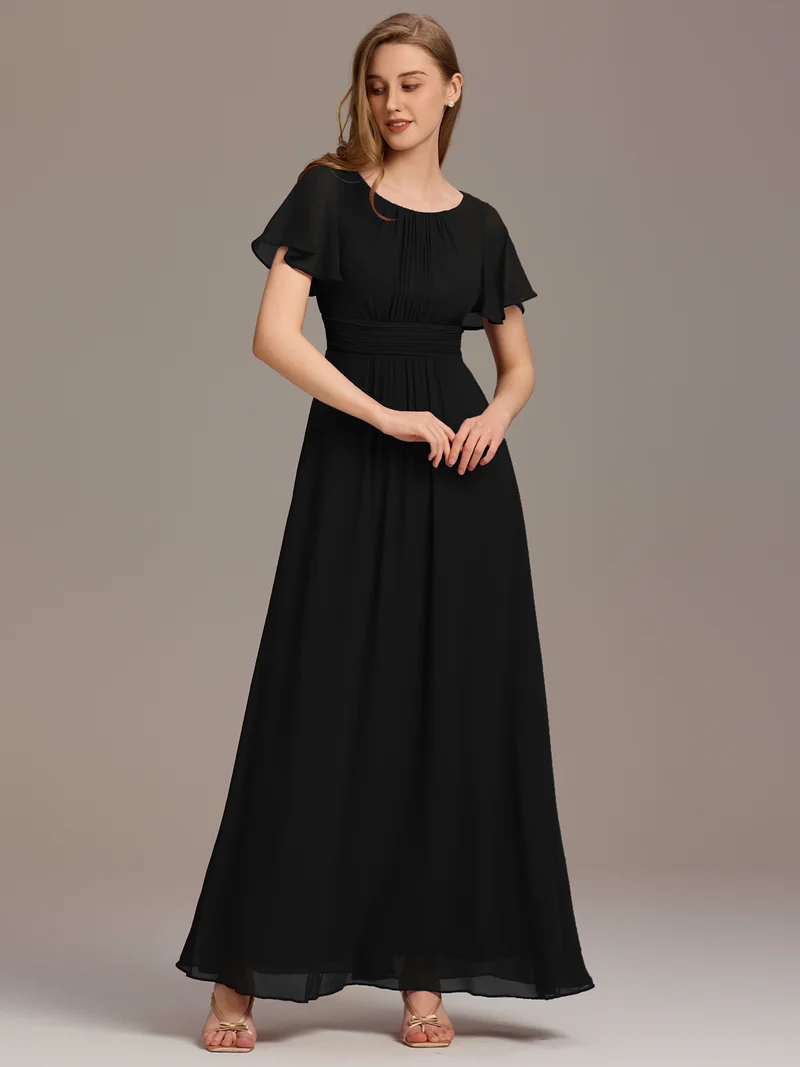Robe de demoiselle d'honneur trapèze plissée en mousseline de soie simple, encolure ronde