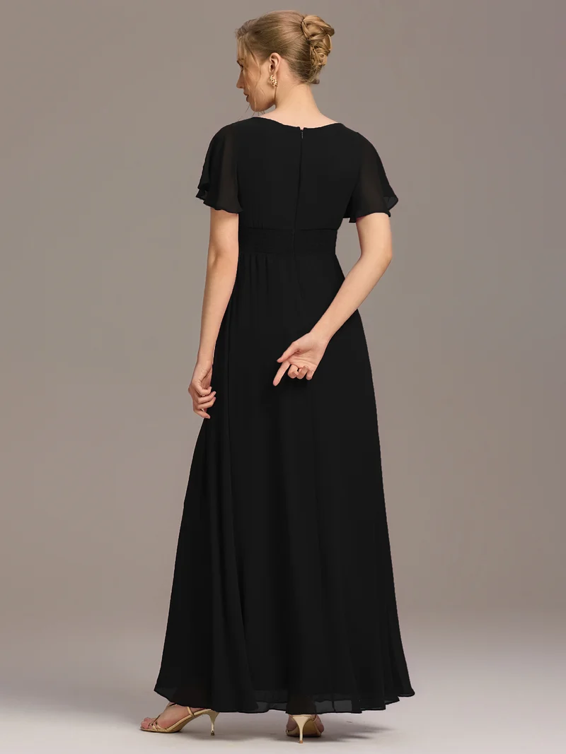 Robe de demoiselle d'honneur trapèze plissée en mousseline de soie simple, encolure ronde