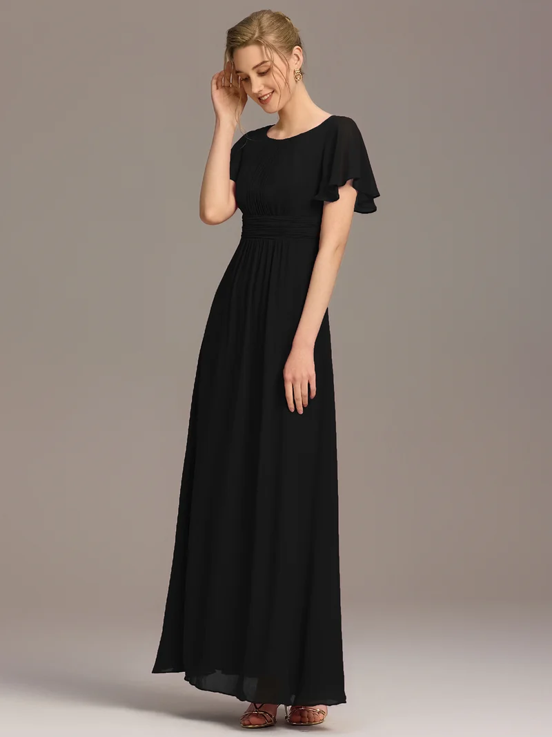 Robe de demoiselle d'honneur trapèze plissée en mousseline de soie simple, encolure ronde