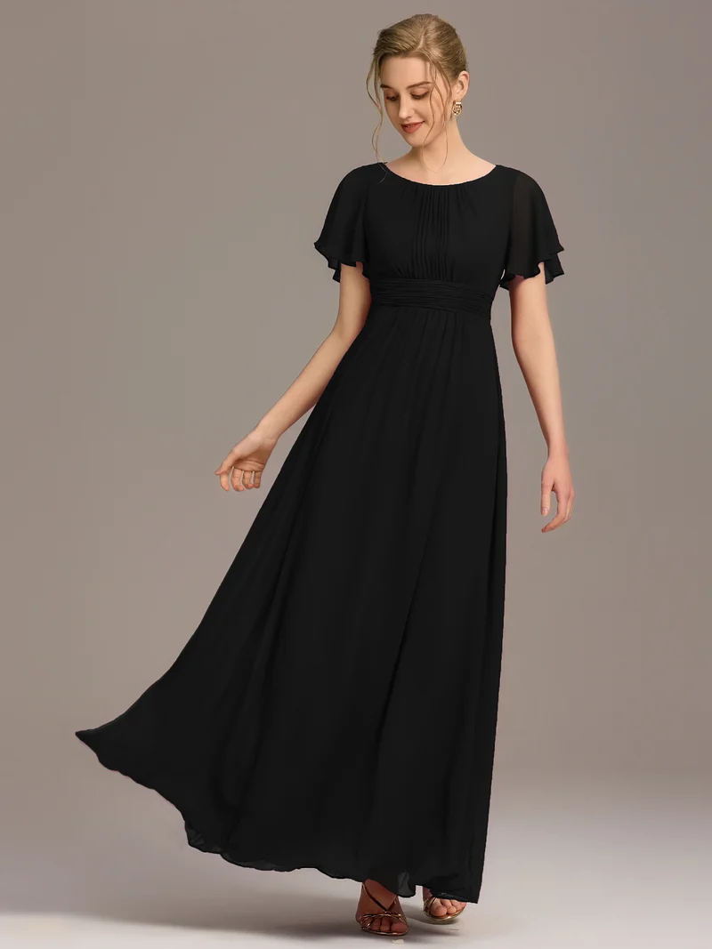 Robe de demoiselle d'honneur trapèze plissée en mousseline de soie simple, encolure ronde