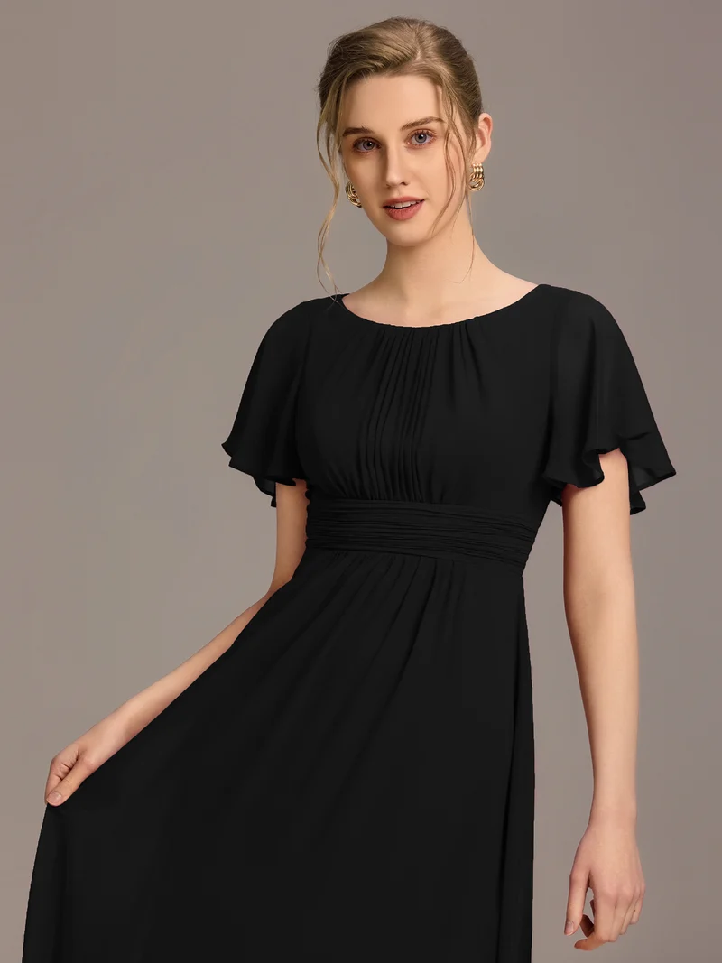Robe de demoiselle d'honneur trapèze plissée en mousseline de soie simple, encolure ronde