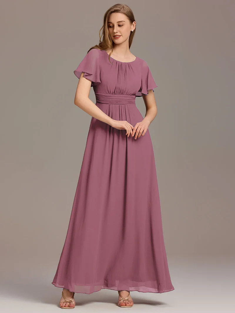 Robe de demoiselle d'honneur trapèze plissée en mousseline de soie simple, encolure ronde