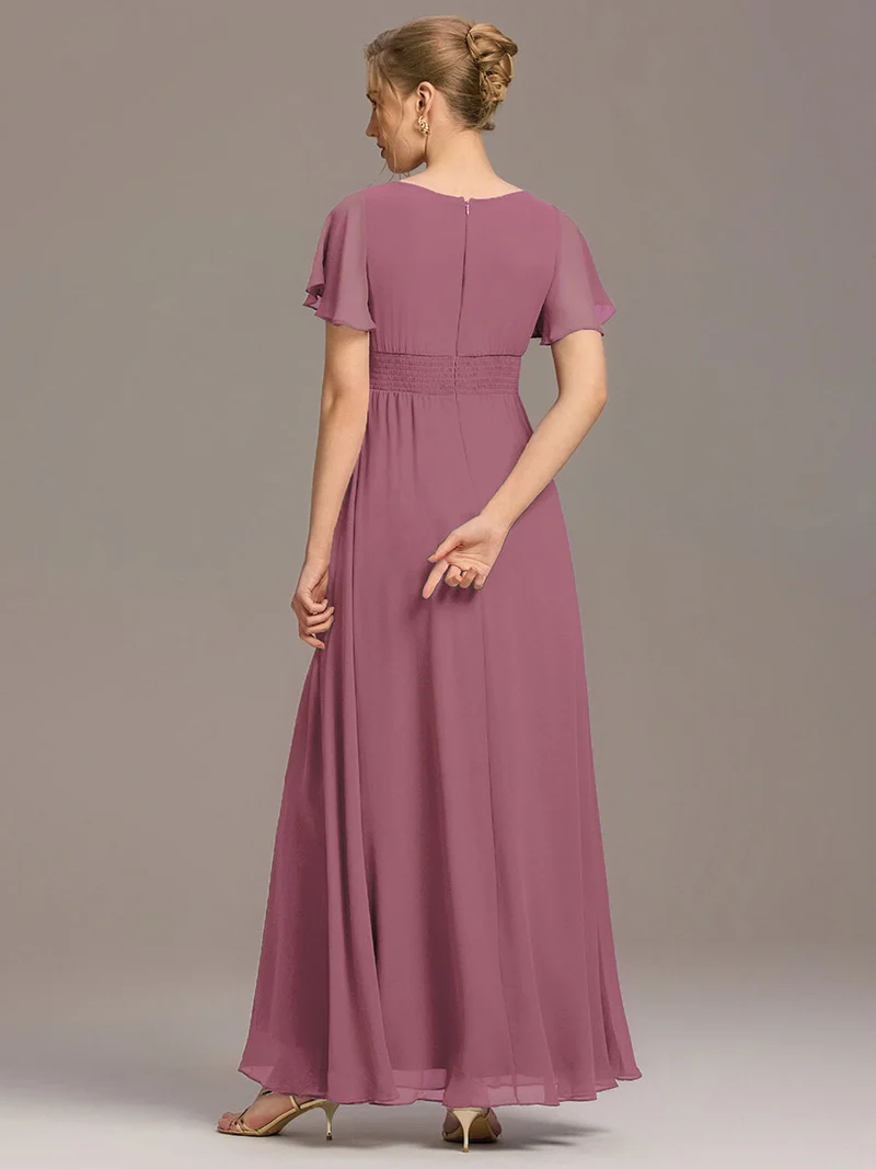 Robe de demoiselle d'honneur trapèze plissée en mousseline de soie simple, encolure ronde