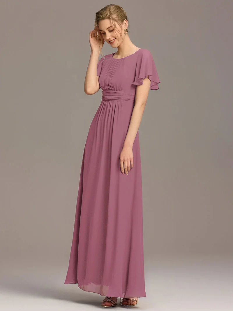 Robe de demoiselle d'honneur trapèze plissée en mousseline de soie simple, encolure ronde