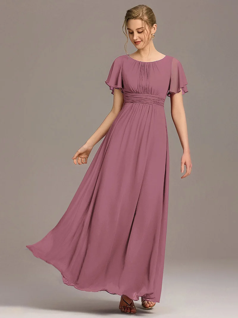 Robe de demoiselle d'honneur trapèze plissée en mousseline de soie simple, encolure ronde