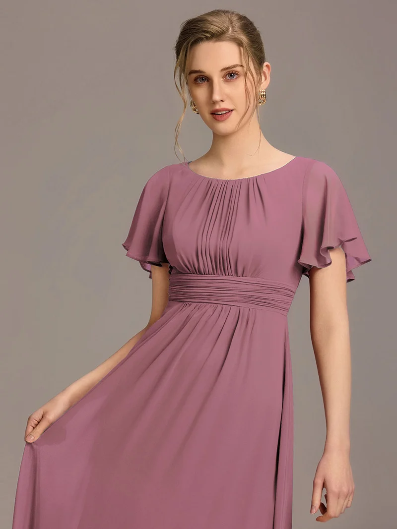Robe de demoiselle d'honneur trapèze plissée en mousseline de soie simple, encolure ronde