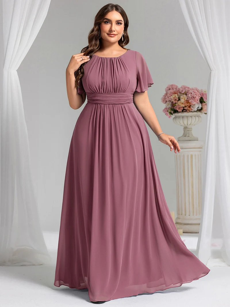 Robe de demoiselle d'honneur trapèze plissée en mousseline de soie simple, encolure ronde