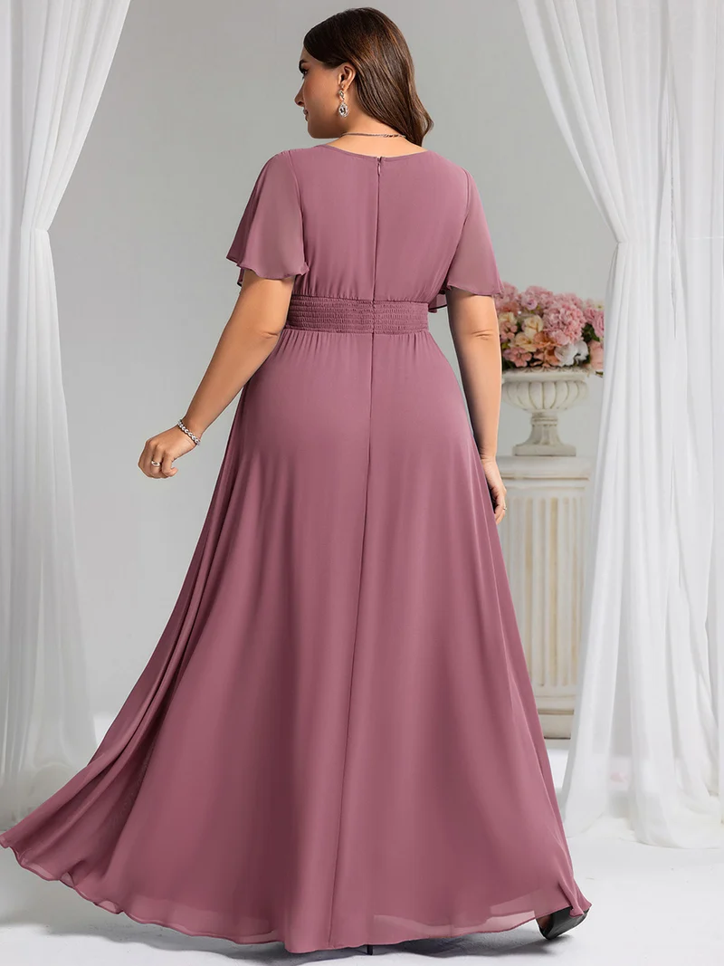 Robe de demoiselle d'honneur trapèze plissée en mousseline de soie simple, encolure ronde