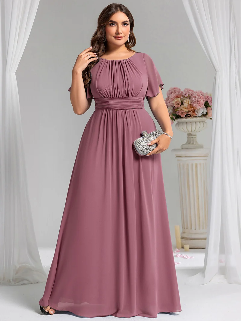 Robe de demoiselle d'honneur trapèze plissée en mousseline de soie simple, encolure ronde