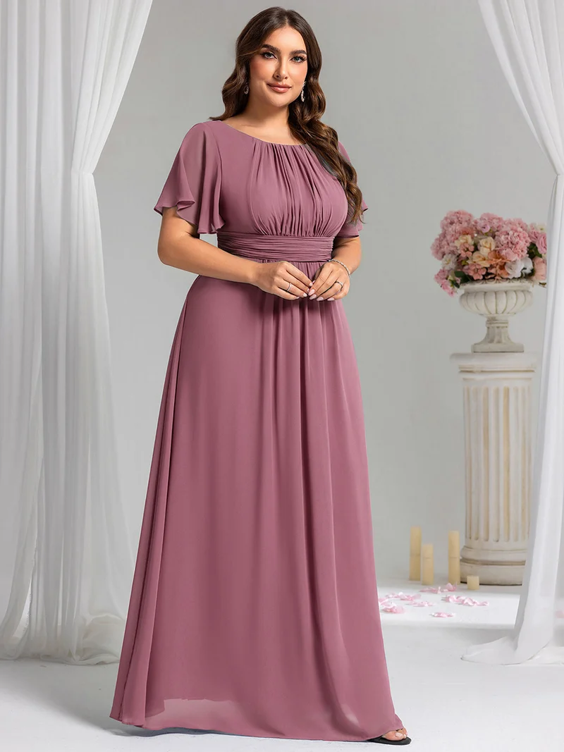Robe de demoiselle d'honneur trapèze plissée en mousseline de soie simple, encolure ronde