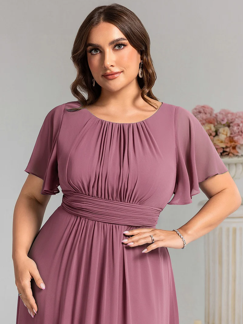 Robe de demoiselle d'honneur trapèze plissée en mousseline de soie simple, encolure ronde