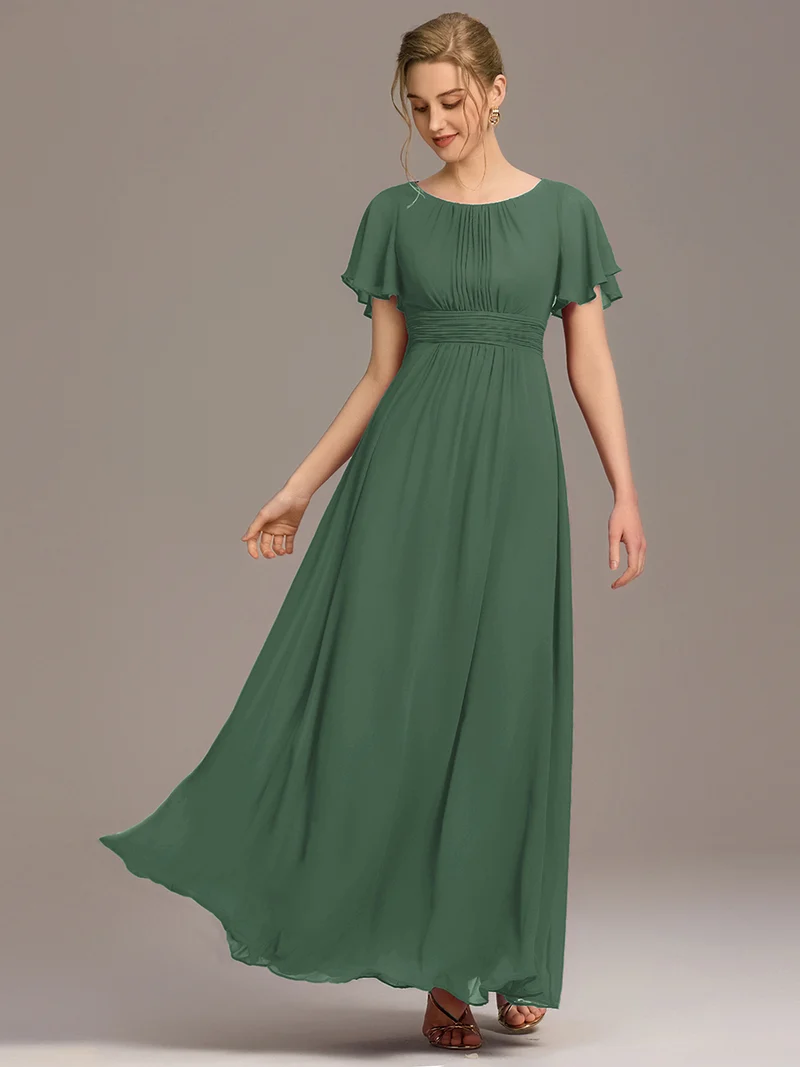 Robe de demoiselle d'honneur trapèze plissée en mousseline de soie simple, encolure ronde