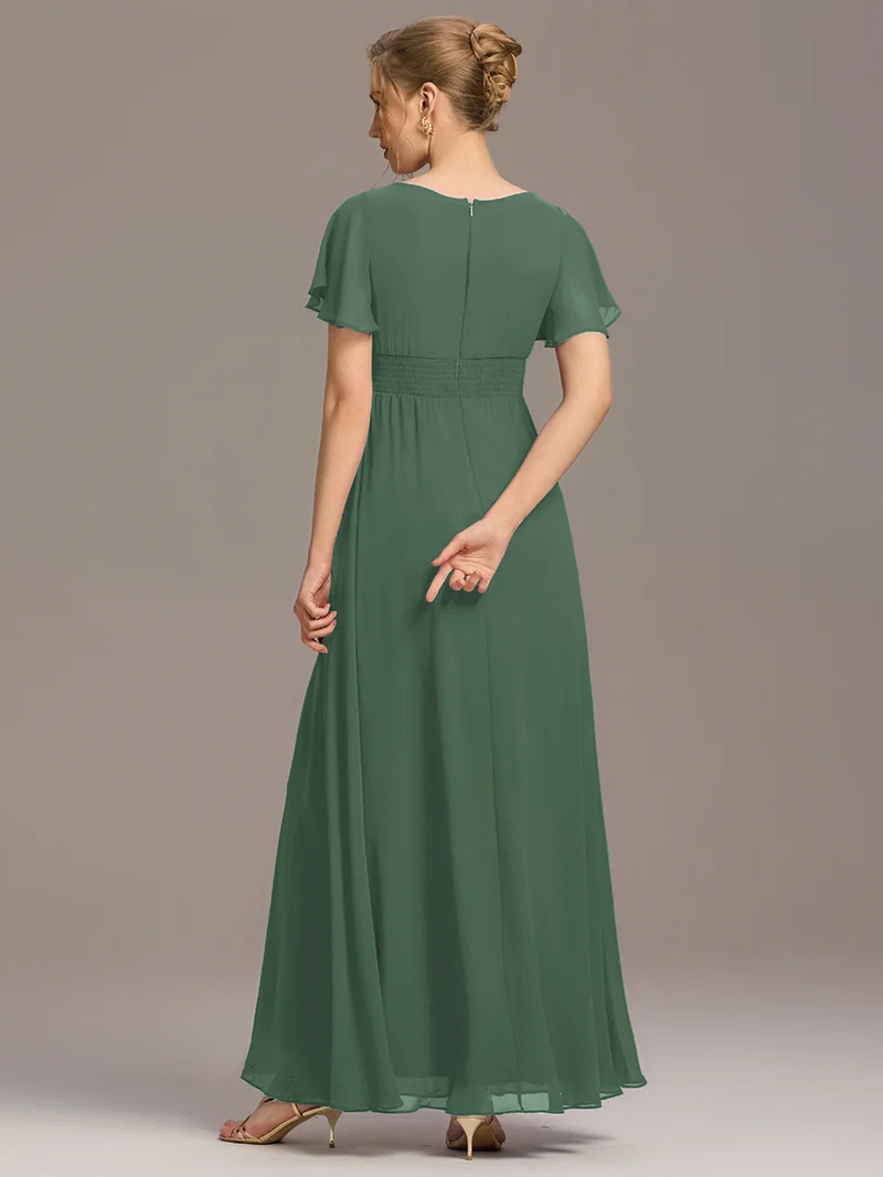 Robe de demoiselle d'honneur trapèze plissée en mousseline de soie simple, encolure ronde