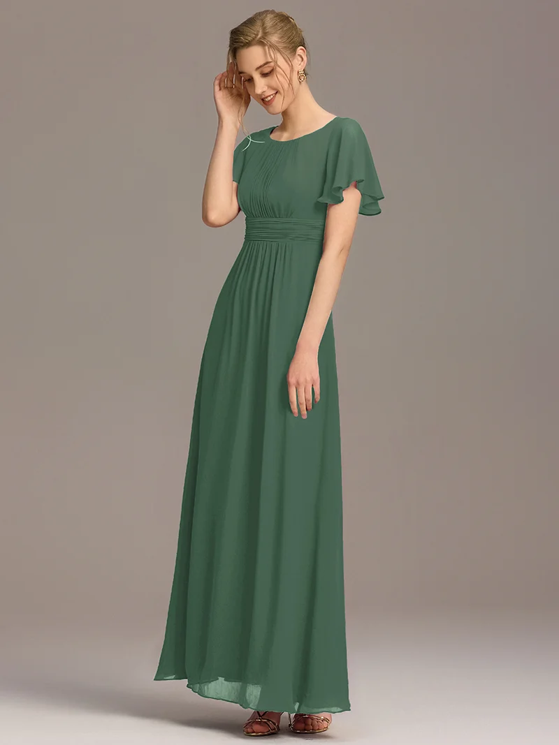 Robe de demoiselle d'honneur trapèze plissée en mousseline de soie simple, encolure ronde
