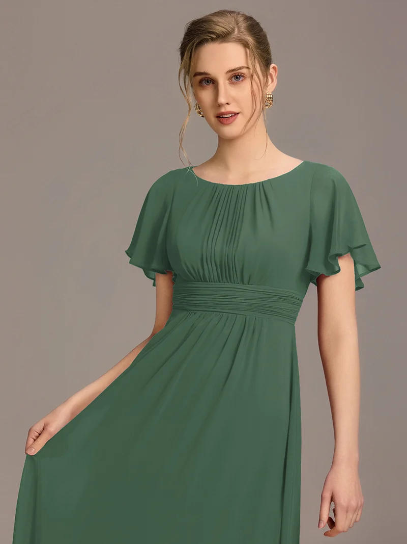 Robe de demoiselle d'honneur trapèze plissée en mousseline de soie simple, encolure ronde