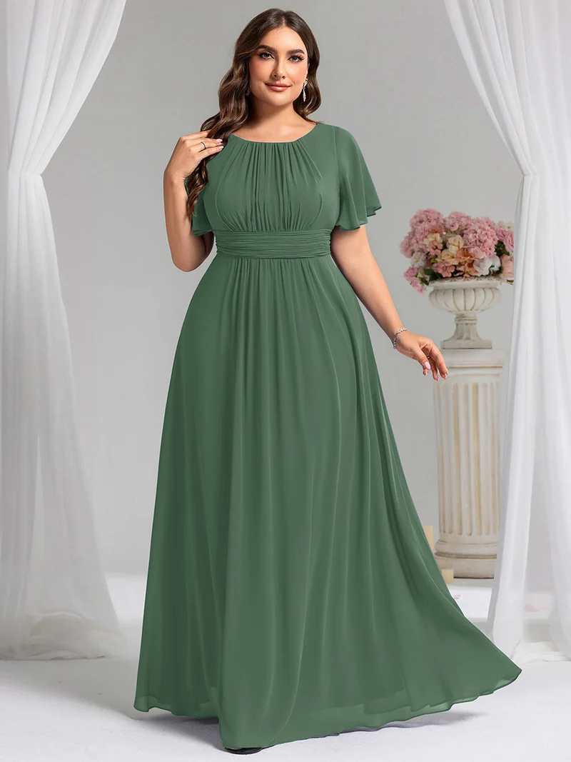 Robe de demoiselle d'honneur trapèze plissée en mousseline de soie simple, encolure ronde
