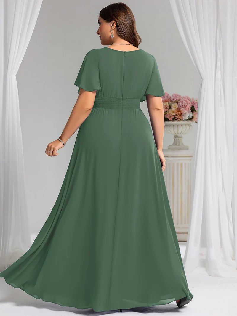 Robe de demoiselle d'honneur trapèze plissée en mousseline de soie simple, encolure ronde